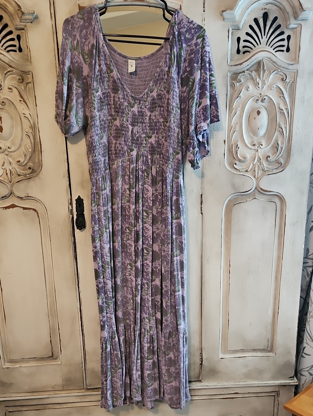 Kate Quinn Women's Flutter Sleeve Smocked Midi Dress Large Modal Purple Floral